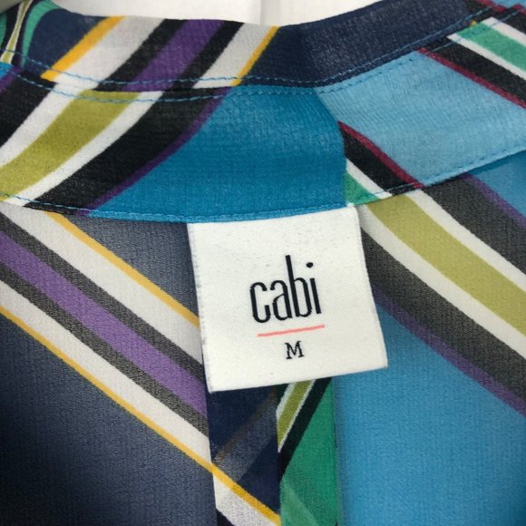 CAbi Blue Multi Diagonal Stripe Collared Sleeveless Blouse Size Medium - Picture 6 of 14